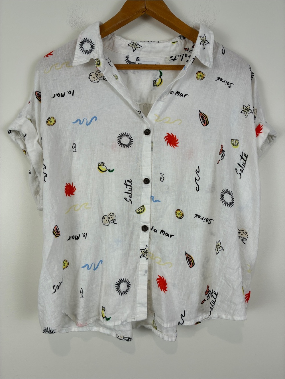 Sonoma Linen Blend White Button-Front Blouse Petite XL Nautical Print Vacation